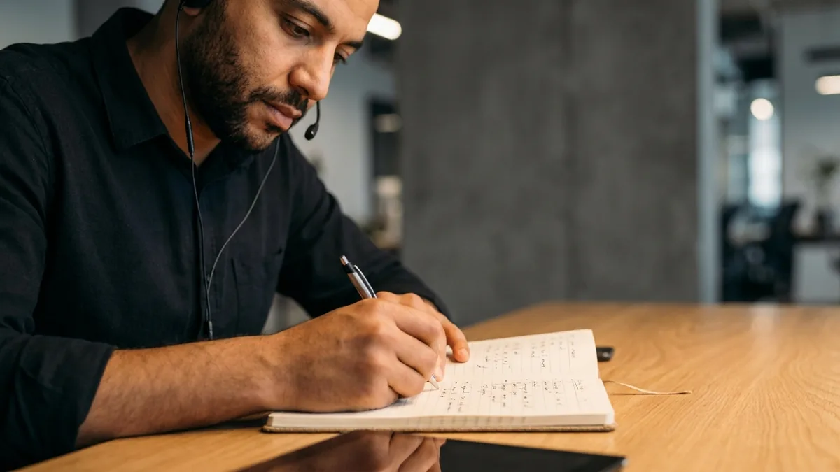 Un homme prend des notes pendant un appel professionnel, casque sur les oreilles, carnet ouvert devant lui