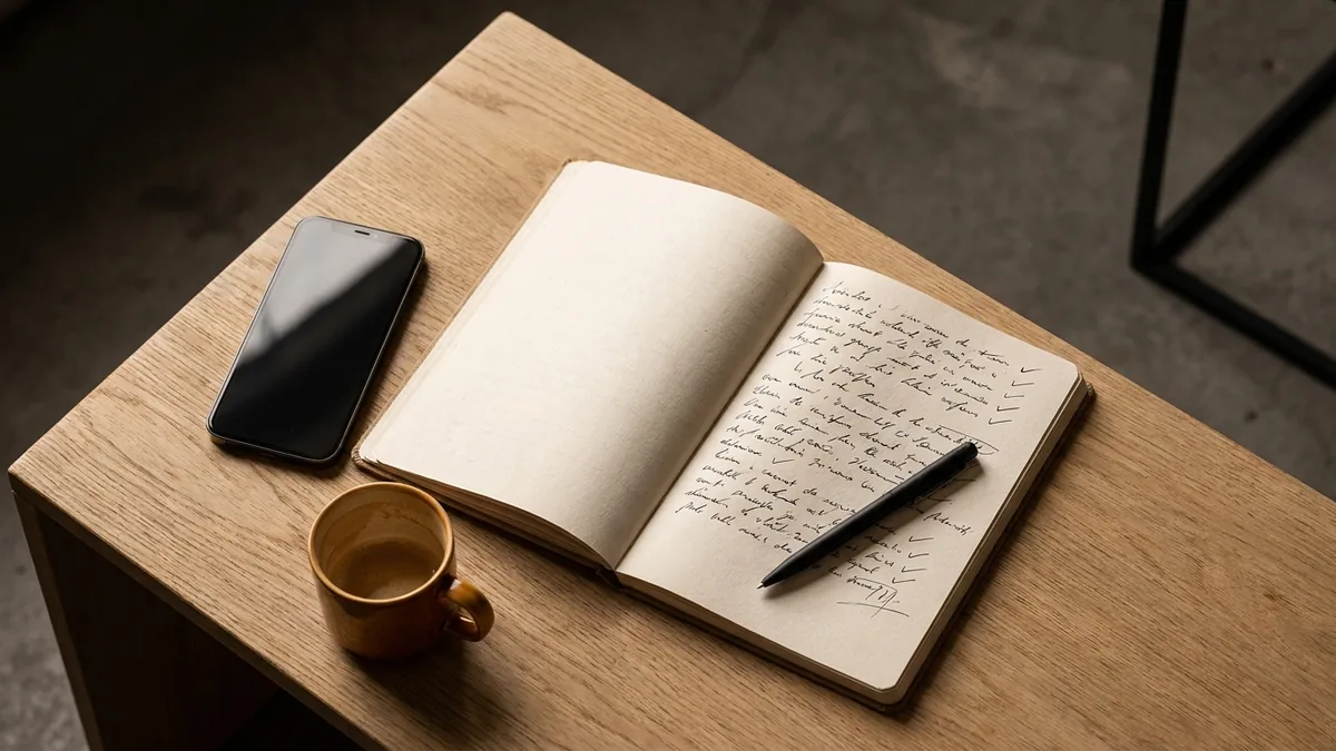 Un carnet de suivi ouvert avec une liste de contacts annotée, téléphone posé à côté sur une table de travail