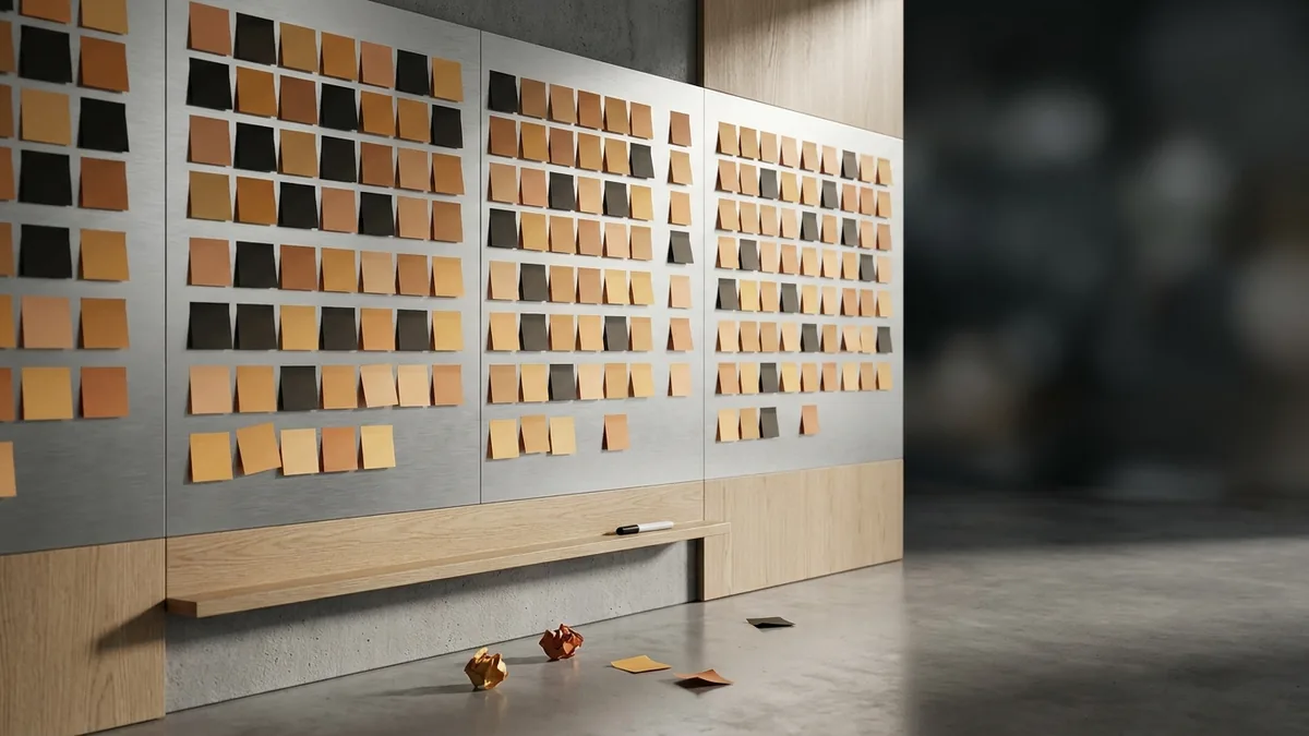 Mur couvert de notes autocollantes alignées en grille dense, dans un espace de travail contemporain