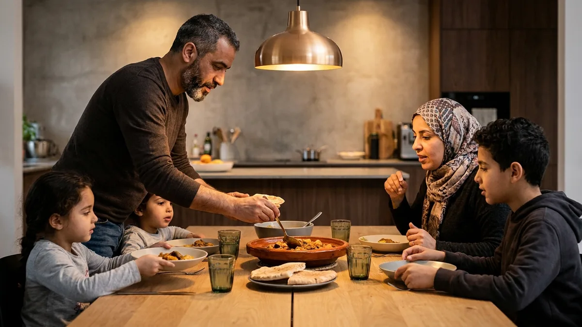 Une famille prend son repas du soir ensemble autour d'une table