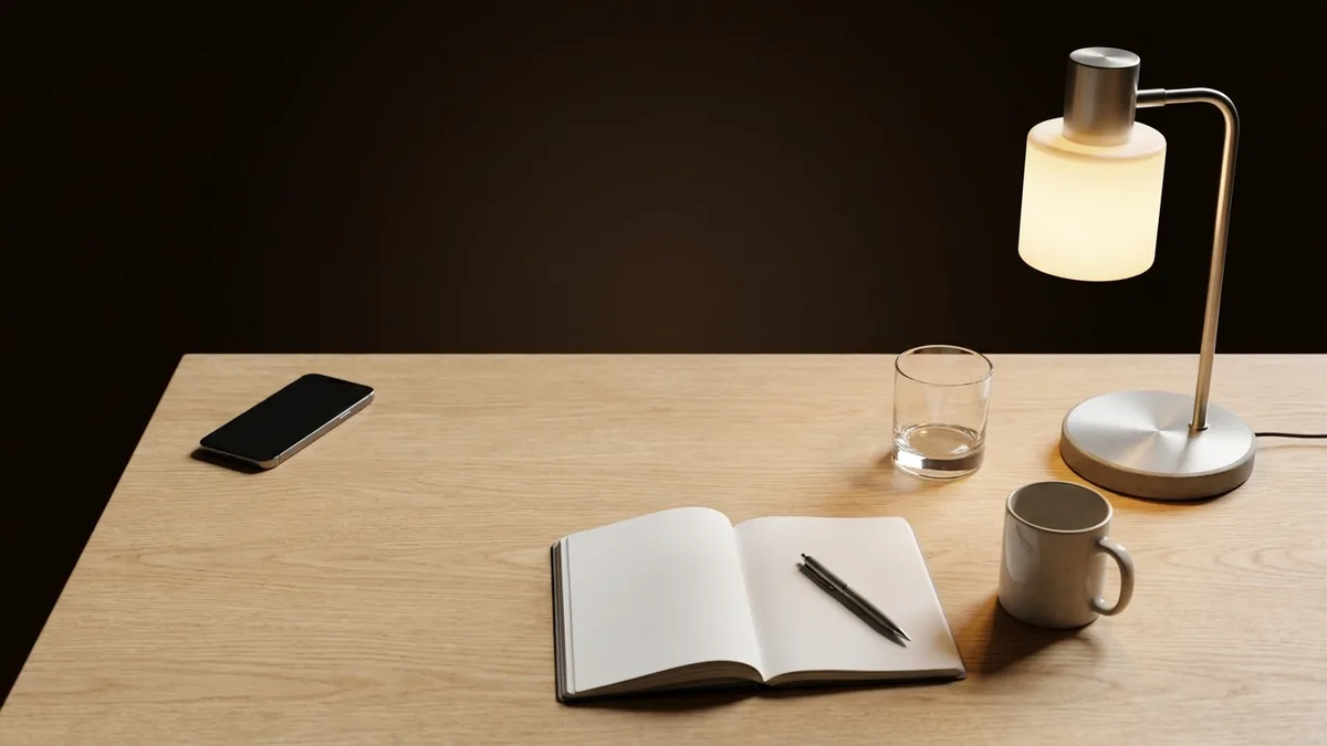 Un téléphone posé écran contre la table, hors de portée, pendant que la personne travaille