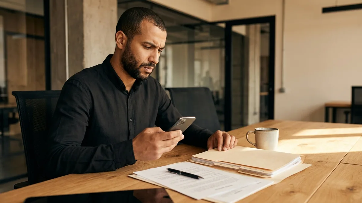 Un homme consulte son téléphone en attendant une réponse, dossier ouvert devant lui sur une table de bureau