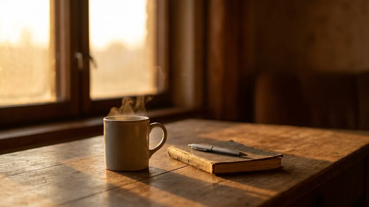 Tasse fumante et carnet fermé sur une table, devant une fenêtre à l'aube