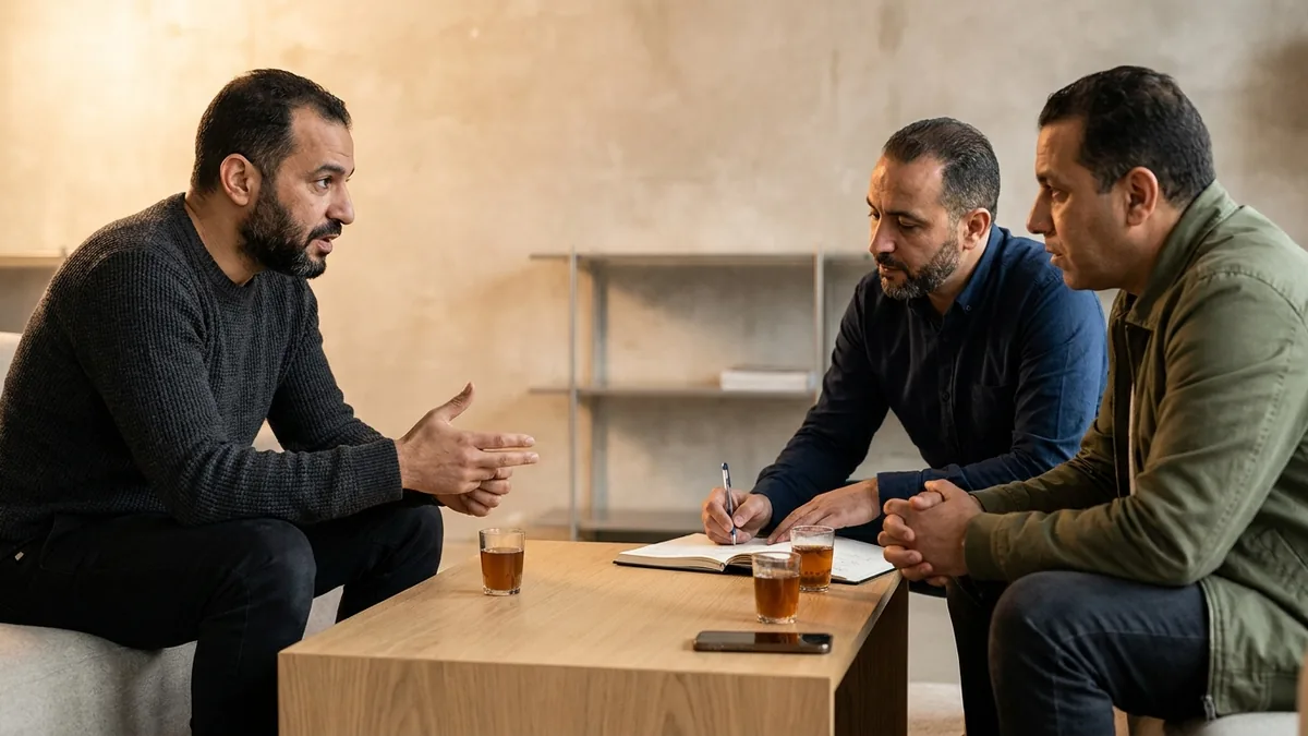 Trois hommes en discussion autour d'une table basse, un thé devant eux, l'un prend des notes
