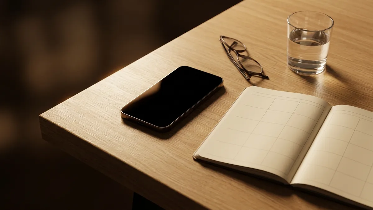 Smartphone posé sur un bureau à côté d'un agenda ouvert sur une semaine vide