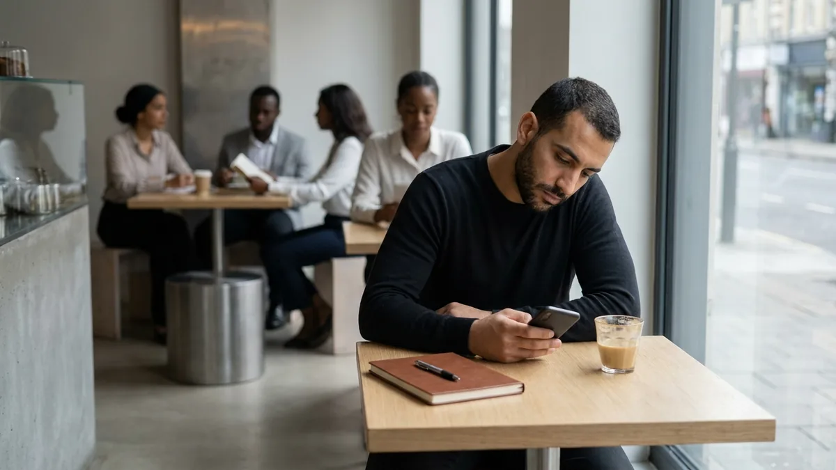 Un homme assis dans un café regarde son téléphone sans rien faire