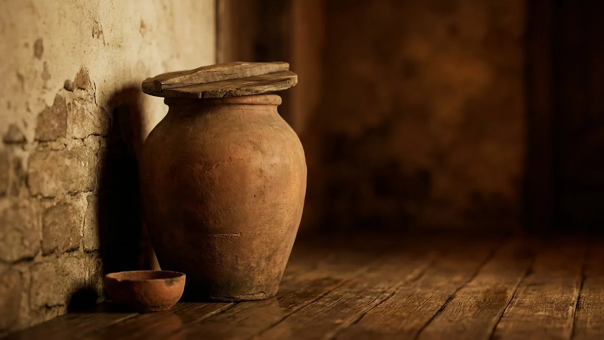 Une jarre en terre cuite posée dans le coin d'une pièce ancienne, faiblement éclairée