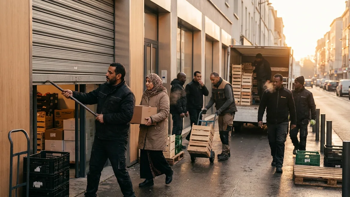 Un homme quitte son immeuble au lever du jour, la ville commence à s'animer