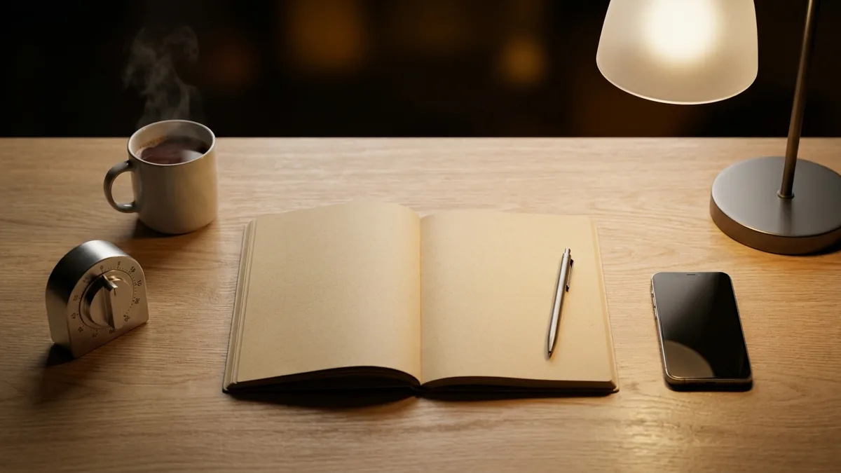 Un carnet ouvert avec un stylo posé dessus, à côté d'un téléphone retourné écran contre la table