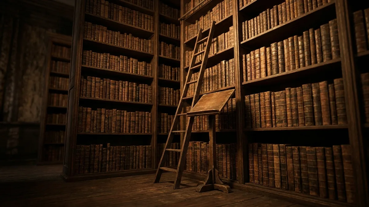 Rayonnages anciens chargés de livres reliés, échelle appuyée et pupitre de lecture