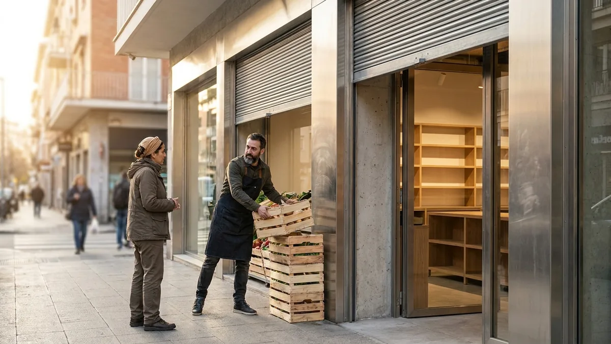 Commerçant sortant des cageots devant sa boutique au petit matin, un client s'approche