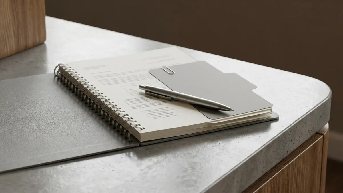 Dossier de statuts relié par une spirale sur un bureau en béton, chemise et stylo posés dessus